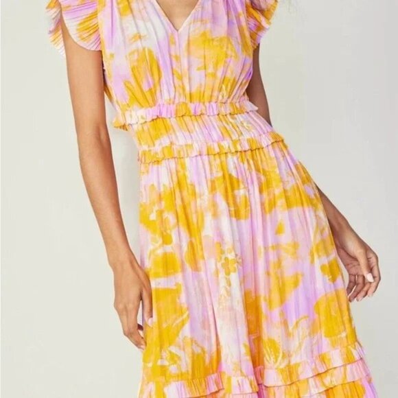 💕CURRENT AIR💕 Ruffle Sleeve V-Neck Elastic Waist Dress Floral Print Large NWT - Picture 8 of 16